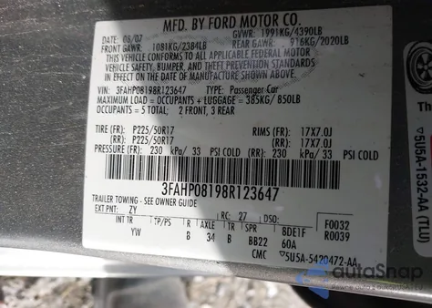 2008 Ford Fusion Sel из США, поврежденный, VIN 3FAHP08198R123647